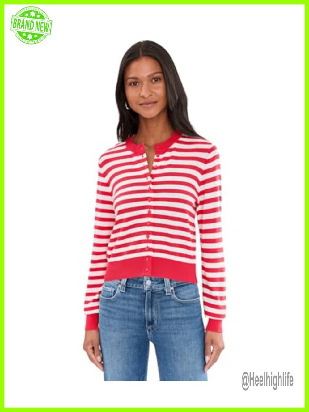 Striped Button Down Cardigan Long Sleeve Crew Neck Ribbed Cuffs Hem